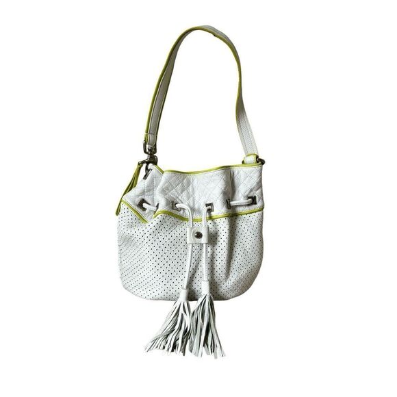 Francesco Biasia White Hobo Bag Lime Green Trim Leather - Picture 1 of 16